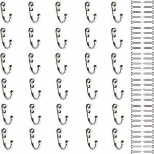 NORCKS Coat Hooks,30 Pieces Sliver Large Hooks Wall Single Mounted Hook Hangers with 60 Pieces Screws,Perfect Use in Bedroom Bathroom Kitchen - Silver