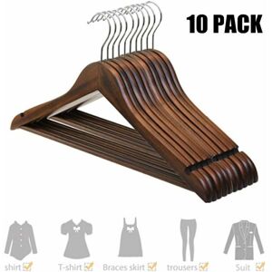 HOOPZI Pack of 10 Solid Wood Hangers with Grooves Vintage Hangers 60 ° Rotation for Dress Shirt Bra Pants Coat 45 24 1.2 cm (17.7''9.4''0.5'')---- Dark