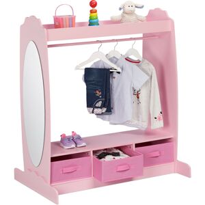 Children's Clothes Rack, 5 Compartments, Kids' Hanging Rail, Hooks and Mirror, hwd: 107 x 97.5 x 61 cm, Pink - Relaxdays