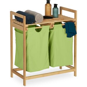 Bamboo Laundry Basket, Pull Out, 2 Compartments, Washing Hamper with Shelf, 73 x 64 x 33 cm, Natural/Green - Relaxdays