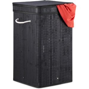 Black Bamboo Pop-Up Laundry Hamper, Handle, Portable, 70 l Load, Square Laundry Bag, HxØ: 63 x 36 cm - Relaxdays