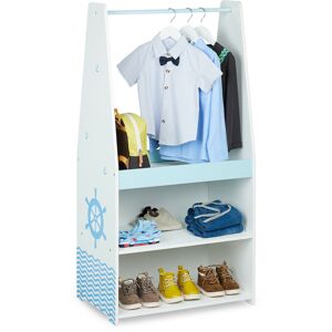 Clothes Rack for Children, Coat Rail & 3 Shelves, HxWxD: 120 x 60 x 40 cm, Wardrobe for Nursery, White/Blue - Relaxdays