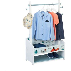 Clothes Rack for Children, Wardrobe hwd: 101 x 71 x 30 cm, 4 Hooks, 2 Shelves, with Shoe Shelf, Colourful Dogs - Relaxdays