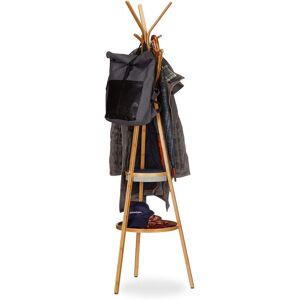 Coat Rack with Tray, Bamboo Clothes Stand with 6 Hooks, Valet h x w x d: 171 x 50 x 50 cm, Natural - Relaxdays