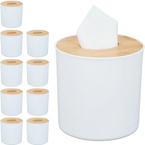 Cosmetic Tissue Box with Bamboo Lid, 10x Set, Bathroom, Modern, Plastic, h x ø: 12.5 x 13.5 cm, White/Natural - Relaxdays