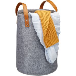 Felt Laundry Hamper, PU-Leather Handles, 28 l Storage Basket, Bathroom, HxD 45x30 cm, Anthracite - Relaxdays