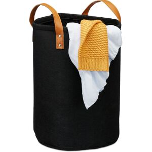 Relaxdays Felt Laundry Hamper, PU-Leather Handles, 28 L Storage Basket, Bathroom, HxD 45x30 cm, Black