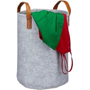 Felt Laundry Hamper, PU-Leather Handles, 28 l Storage Basket, Bathroom, HxD 45x30 cm, Grey - Relaxdays