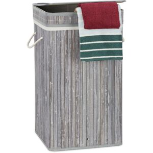 Relaxdays Grey Bamboo Pop-Up Laundry Hamper, Handle, Portable, 70 L Load, Square Laundry Bag, HxØ: 63 x 36 cm