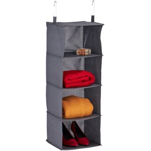 Hanging Wardrobe Storage, Shoes & Clothes, 4 Compartments, Fabric, hwd: 97x30x30 cm, 2 Hooks, Suspending, Grey - Relaxdays