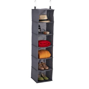 Hanging Wardrobe Storage, Shoes & Clothes, 6 Compartments, Fabric, hwd: 139x30x30cm, 2 Hooks, Suspending, Grey - Relaxdays