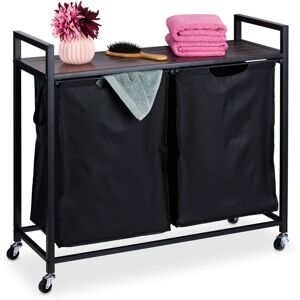 Laundry Basket Rack, 2 Pull-out Compartments, Rollable Storage Rack, Linen Bin, Industrial Design, Black/Brown - Relaxdays