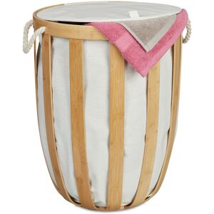 Laundry Basket with Bamboo Frame & Lid, Round Design, Bathroom Hamper, Removable Linen Bin, Natural/Beige - Relaxdays