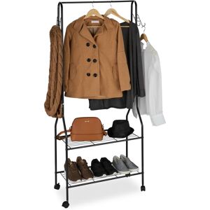 Rolling Wardrobe Stand with 2 Tiers for Shoes, Bags, Accessories, Hooks, Metal, Coat Rack, Black - Relaxdays