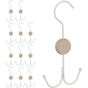 Set of 12 Belt Holders, 2 Hooks each for Bags & Ties, Wardrobe Organiser, Metal, Wood, 21.5x11x1.5cm, White - Relaxdays