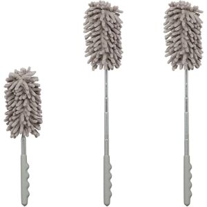 Set of 3 Duster, Extendable Telecopic Bar up to 77cm, Washable Microfibre, Car & Household, Dust Mop, Grey - Relaxdays