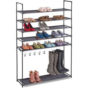 Shoe Rack 6 levels, Plug-in System, Hallway Shoe Rack, 20 Pairs of Shoes, 7 Boot Hooks, Metal & Fabric, Black - Relaxdays