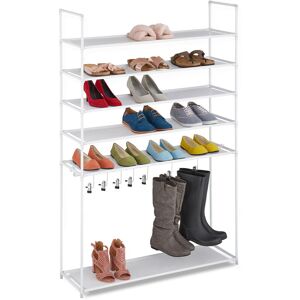 Shoe Rack 6 levels, Plug-in System, Hallway Shoe Rack, 20 Pairs of Shoes, 7 Boot Hooks, Metal & Fabric, White - Relaxdays