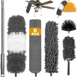 Rhafayre - 6 in 1 Duster Duster Telescopic Wolf Head Duster, Washable/Foldable Microfiber Duster with Stainless Steel Handle for Cobweb, Ceiling Fan,