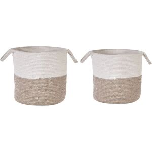 Beliani - Set of 2 Woven Cotton Storage Laundry Basket Bin White and Beige Pazha - Beige
