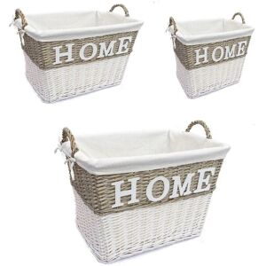 TOPFURNISHING Strong Deep White Wicker Storage Home Log Hamper Laundry Basket Handles Lined [Set (S,M,L)] - White