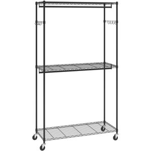 VEVOR Heavy Duty Clothes Rack, Rolling Clothing Garment Rack with 3 Storage Tiers, 2 Rods and 2 Pairs Side Hooks, Adjustable Height Clothing Rack Closet