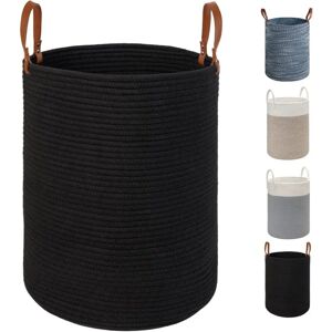 HÉLOISE X-Large Laundry Storage Basket - 15.7 Inches(D) x 19.7 Inches(H) - Foldable Cotton Rope Woven Basket with Leather Handles for Storing Clothes,