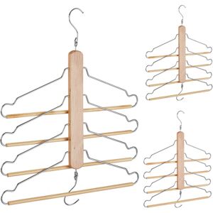 Relaxdays Set of 3 Multi Clothes Hanger, Holder with 4 Flexible Coat Hangers, Organiser, Metal Hooks, Wood, Natural