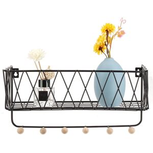 ZVD Entryway Metal Wall Mounted Storage Basket with 6 Key Hooks, Black