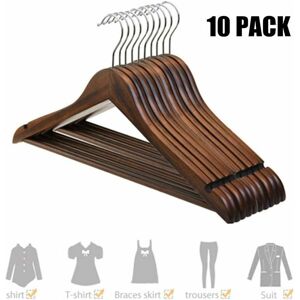 HOOPZI Pack of 10 Solid Wood Hangers with Grooves Vintage Hangers 60 ° Rotation for Dress Shirt Bra Pants Coat 45 24 1.2 cm (17.7''9.4''0.5'')---- Dark
