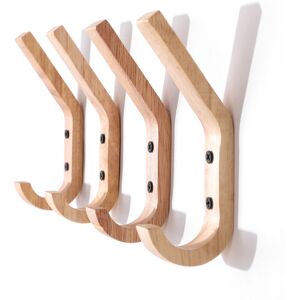 MEMKEY Pack of 4 wall coat hooks made of rubber wood, coat rack with two hooks, 16 x 6 x 2.5 cm