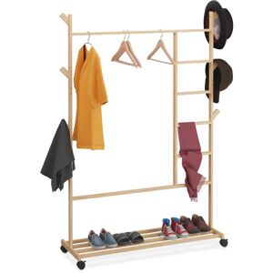 Relaxdays - Bamboo Clothes Rack, Rollable Rail, 6 Hooks, with Shoe Shelf, hwd: 154 x 114 x 33 cm, Mobile Wardrobe, Natural
