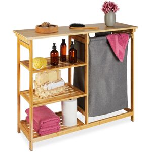 Relaxdays - Bamboo Laundry Basket Shelf, 3 Levels, Removable Fabric Bag, HxWxD: 80x100x32cm, Bathroom Bin, Natural/Grey