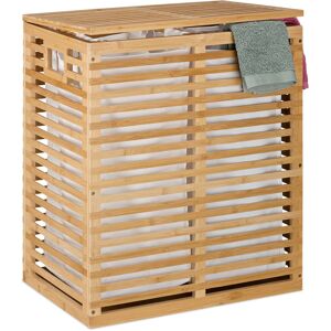 Relaxdays - Bamboo Laundry Basket with Lid, 2 Removable Bags, 44L each, Washing Hamper, 61 x 53 x 35 cm, Natural/Beige