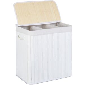 Relaxdays - Bamboo Laundry Basket, Clothes Container, 3 Compartments, Folding, Rectangular Basket, 62x62.5x42.5cm, White