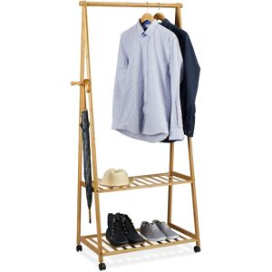 Relaxdays - Clothes Stand on Wheels, Bamboo, 2 Shoe Shelves, Garment Rail, HxWxD: 166 x 84 x 45 cm, Mobile Wardrobe, Natural Brown