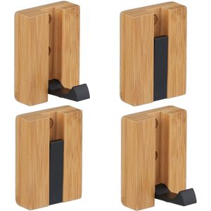 Relaxdays - wall hooks, set of 4, foldable, bamboo, metal, for drilling & adhesive, coat hooks, natural/black