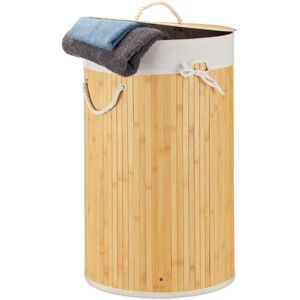 Relaxdays - 2x Bamboo Laundry Baskets, Foldable Hamper with Lid, 70L, Cotton Bag and Side Handles, HxØ: 65 x 41 cm, Cream