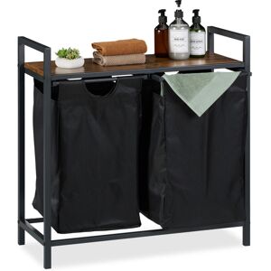 Relaxdays Laundry Basket Rack, HxWxD: 72 x 73 x 33 cm, Bathroom Rack, 2 Pull-out Compartments, Collector, Black/Brown