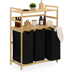 Relaxdays - Laundry Basket Rack, 2 Shelves, 3 Pull-Out Bags, hwd 105 x 80 x 40 cm, Washing Sorter & Storage, Natural/Black