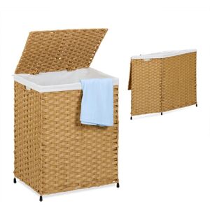 Relaxdays Laundry Basket with Lid, Rattan Effect, 90L Sack, HWD: 60 x 46 x 34 cm, Woven Washing Storage Bin, Brown/Beige