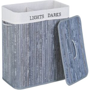 Laundry Basket with Lid, 2 Sections, Bamboo, 100 l, Folding Washing Hamper, Sorter, 63 x 54 x 34 cm, Grey - Relaxdays
