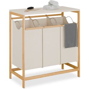 Relaxdays - Laundry Basket Rack, 3 Removable Bags, Flip Shelf, hwd: 84.5x78.5x40 cm, Washing Sorter, Bamboo, Brown/Cream