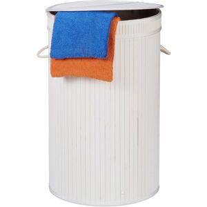 Relaxdays - 2x Bamboo Laundry Baskets, Round Hamper with Folding Lid, 65 l, Foldable Bin with Ventilation, ø 40cm, White