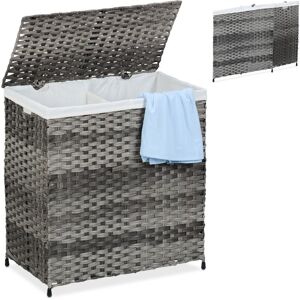 Relaxdays Laundry Basket with Lid, Rattan Effect, 110L Sack, 60 x 58 x 34 cm, Washing Bin, 2 Compartments, Grey/Beige