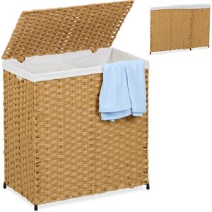 Relaxdays - Laundry Basket with Lid, Rattan Effect, 110L Sack, 60 x 58 x 34 cm, Washing Bin, 2 Compartments, Brown/Beige
