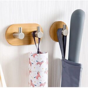 Sollbry - Bamboo Towel Hooks, Wooden Wall Mounted Coat Rack, Self Adhesive Door Hanging Hook, Towel Hooks, for Bathroom Kitchen Office (2 Pack)