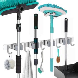 ZVD - Stainless Steel Wall-Mounted Broom Holder, Storage Hanger Holder for Kitchen, Laundry, Garden Garage (4 Slots and 5 Hooks)