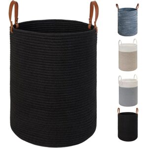 HÉLOISE X-Large Laundry Storage Basket - 15.7 Inches(D) x 17.7 Inches(H) - Foldable Cotton Rope Woven Basket with Leather Handles for Storing Clothes,
