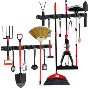 ODIPIE 2-piece wall-mounted broom holder, 10 holders + 8 hooks, stainless steel tool holder, self-adhesive garden tool holder and broom holder, black wall ODIPIE 2-piece wall-mounted broom holder, 10 holders + 8 hooks, stainless steel tool holder, self-adhesive garden tool holder and broom holder, black wall